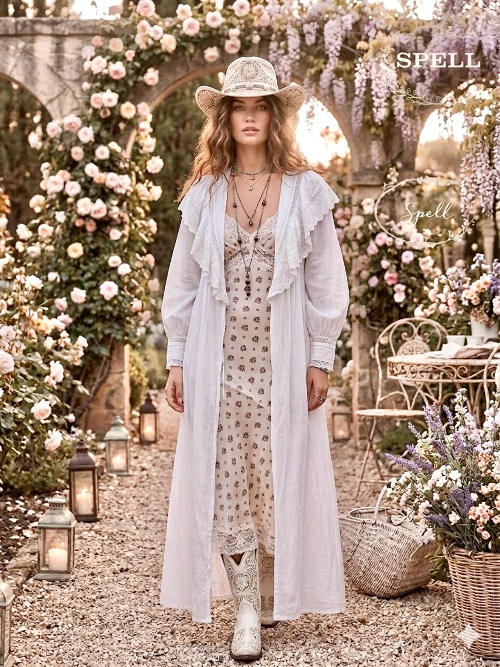 MISS DIOR Cottage-core Boho lace Ruffle-Front robe boho DUSTER w prairie vibe